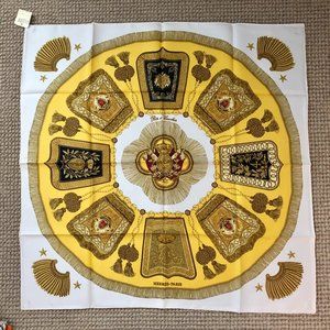 Hermes Paris "Poste et Cavalerie" Silk Scarf Wrap Crest White Gold Burgundy RARE